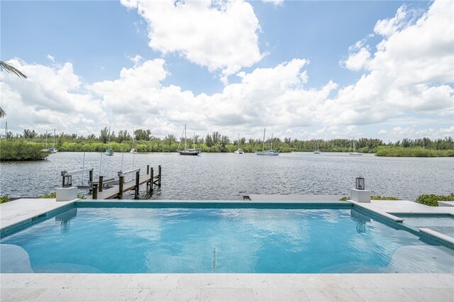 view of swimming pool featuring a boat dock and a water view