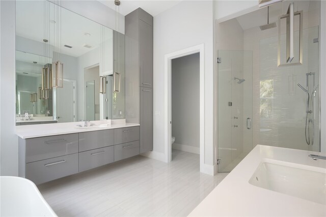 bathroom with toilet, vanity, and walk in shower