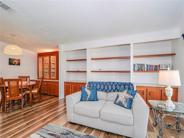 living room with light hardwood / wood-style floors and a textured ceiling