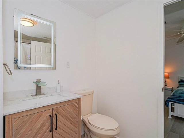 bathroom with vanity, toilet, and wood-type flooring