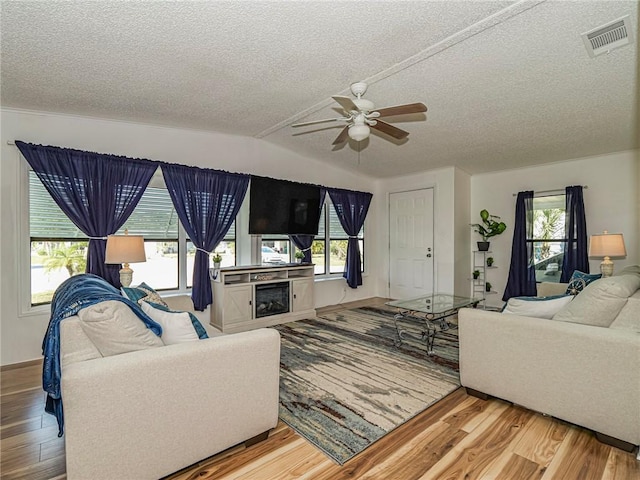 living room featuring a healthy amount of sunlight, a textured ceiling, and light hardwood / wood-style flooring