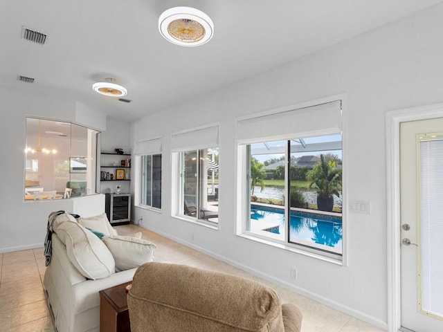 tiled living room with beverage cooler