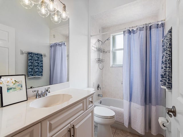 full bathroom featuring tile patterned flooring, vanity, shower / bath combination with curtain, and toilet