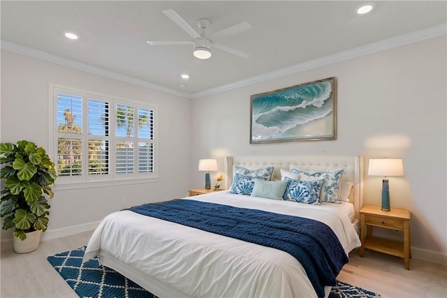 bedroom with crown molding, recessed lighting, wood finished floors, and baseboards