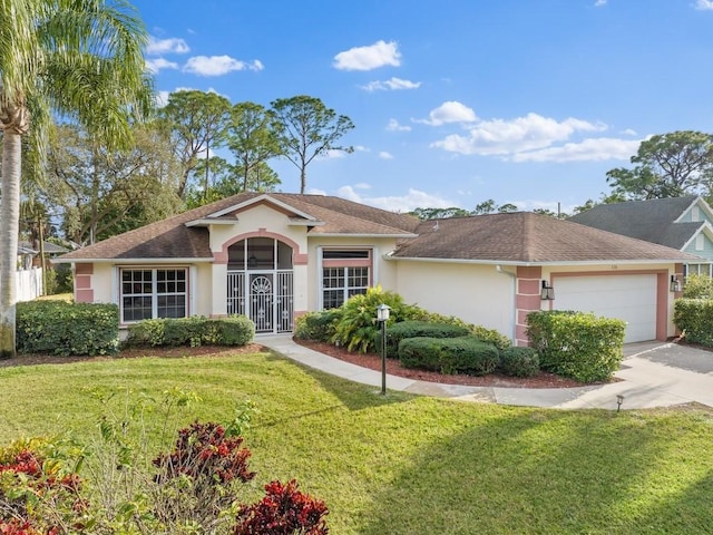 single story home with a front yard and a garage