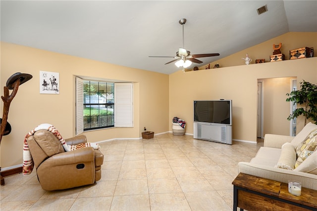 tiled living room with lofted ceiling and ceiling fan