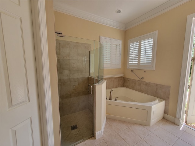 bathroom with separate shower and tub, tile patterned floors, and crown molding