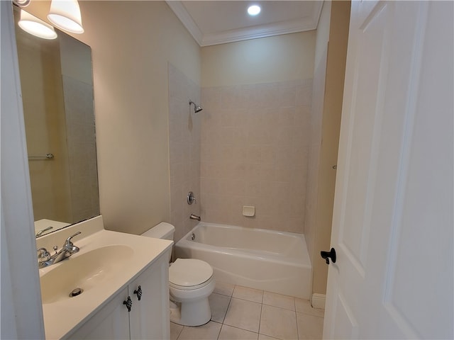 full bathroom with tile patterned floors, ornamental molding, vanity, toilet, and tiled shower / bath