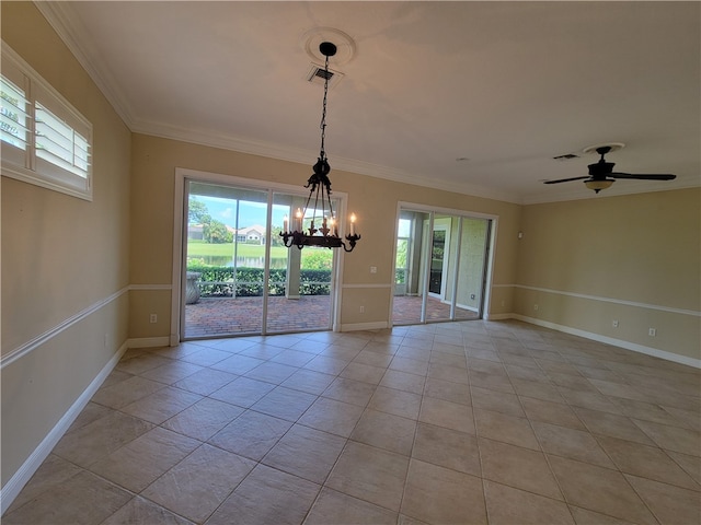 interior space featuring ceiling fan with notable chandelier, plenty of natural light, and crown molding