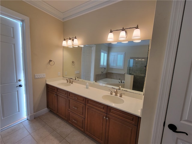 bathroom featuring tile patterned floors, crown molding, vanity, and independent shower and bath