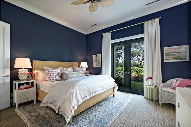 bedroom featuring french doors, ceiling fan, access to exterior, and crown molding