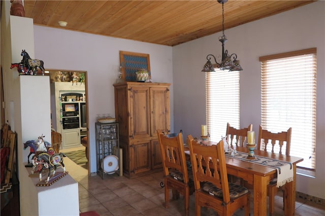 tiled dining room with a notable chandelier, wooden ceiling, and a wealth of natural light