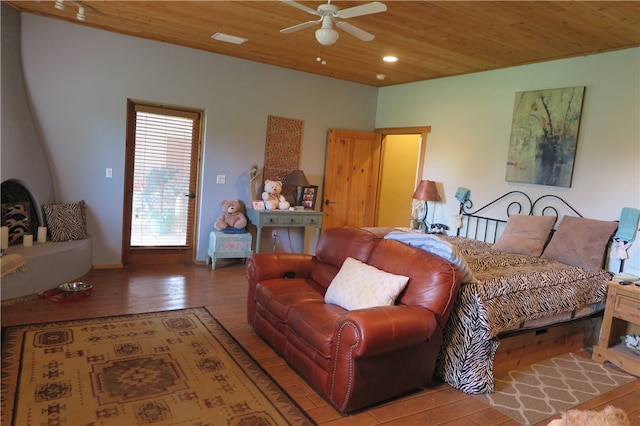 bedroom featuring ceiling fan, wood ceiling, and hardwood / wood-style flooring