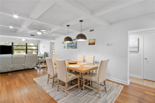 25 Plantation Dr Unit 206, Vero Beach, FL 32966 - dining room with visible vents, a ceiling fan, coffered ceiling, and wood finished floors