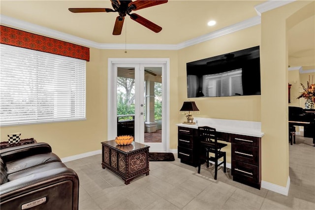 living room with ceiling fan, french doors, light tile patterned flooring, and crown molding