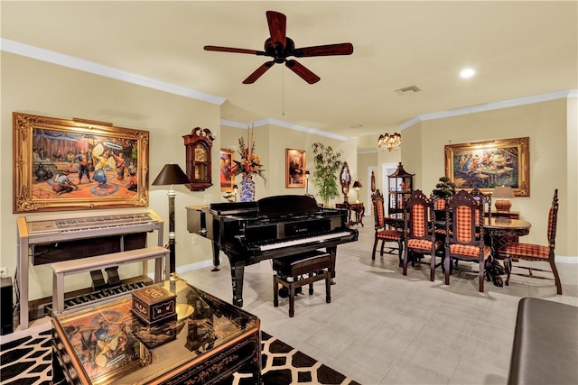 interior space with ceiling fan and crown molding