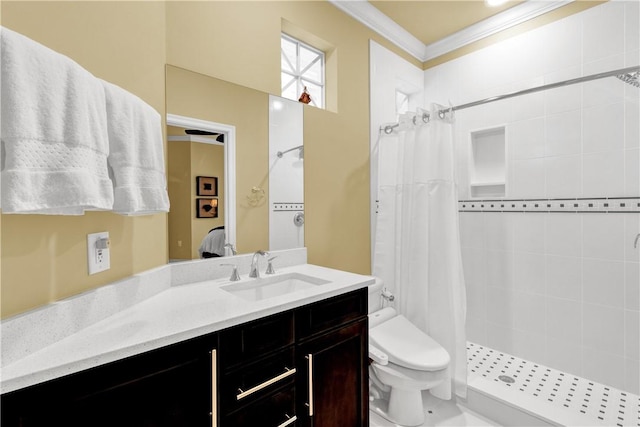 bathroom featuring toilet, walk in shower, ornamental molding, and vanity