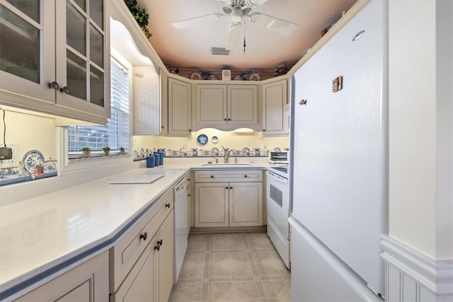 kitchen featuring ceiling fan, white appliances, and sink