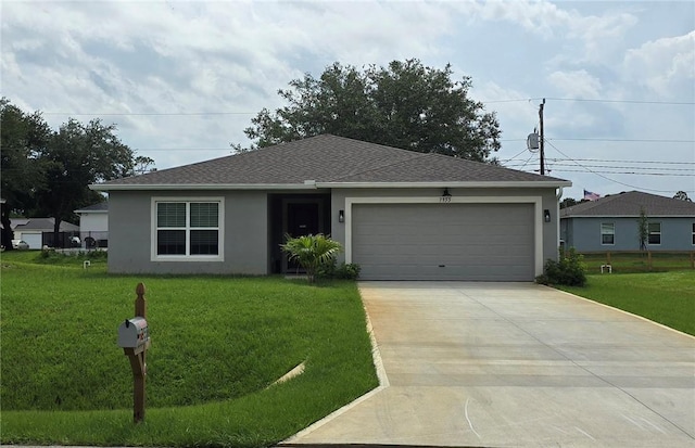 7955 101st Ave, Vero Beach, FL 32967 - ranch-style home featuring a front lawn, concrete driveway, an attached garage, stucco siding, and a shingled roof