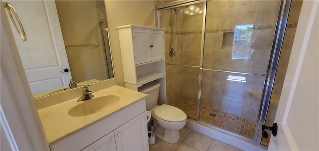 bathroom featuring tile patterned floors, vanity, toilet, and walk in shower