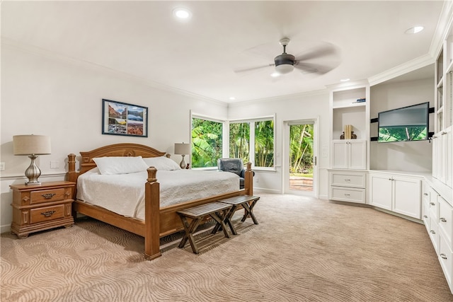 bedroom with recessed lighting, light carpet, baseboards, access to outside, and ornamental molding