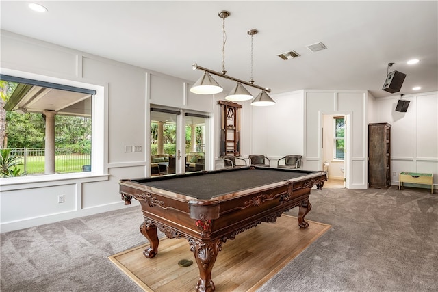 rec room with carpet floors, recessed lighting, a decorative wall, and billiards