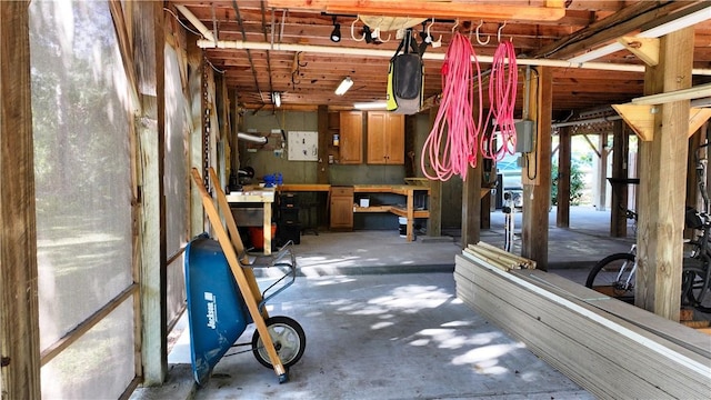 basement with a workshop area