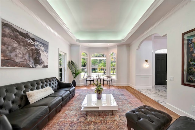 living room featuring wood-type flooring, a raised ceiling, and crown molding