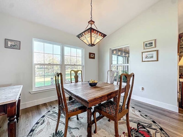 dining area featuring lofted ceiling and hardwood / wood-style flooring