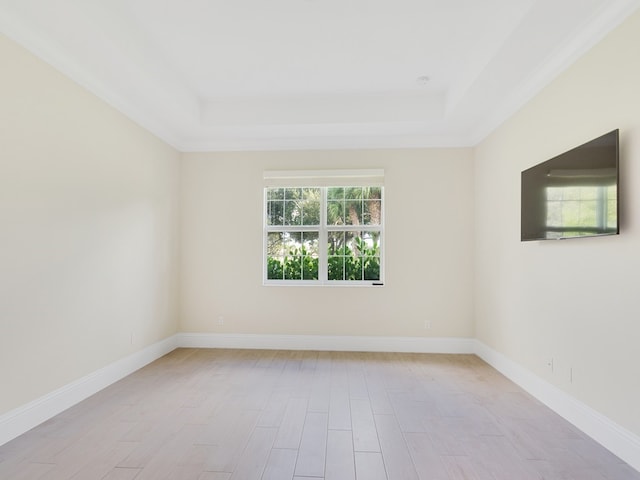 empty room with light hardwood / wood-style floors and a tray ceiling