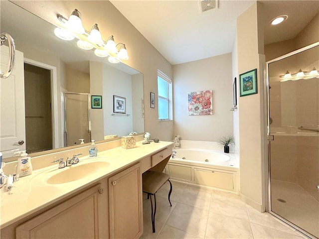 bathroom featuring tile patterned flooring, vanity, and independent shower and bath