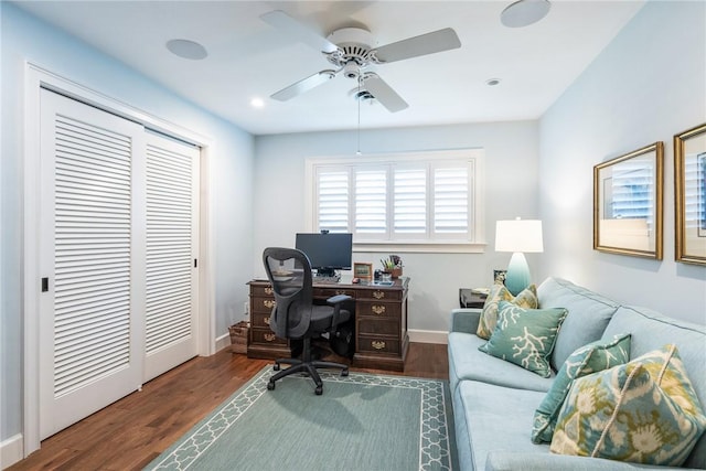 office with recessed lighting, wood finished floors, baseboards, and ceiling fan