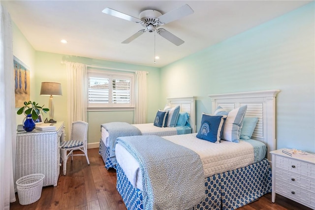 bedroom with recessed lighting, baseboards, ceiling fan, and hardwood / wood-style floors