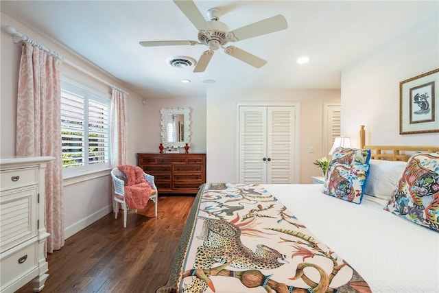 bedroom featuring baseboards, visible vents, dark wood finished floors, recessed lighting, and ceiling fan