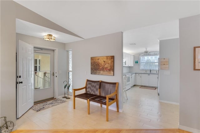 entrance foyer featuring light hardwood / wood-style floors, sink, a wealth of natural light, and vaulted ceiling