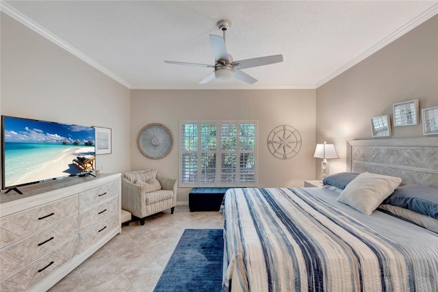 bedroom with light tile patterned floors, ceiling fan, baseboards, and crown molding