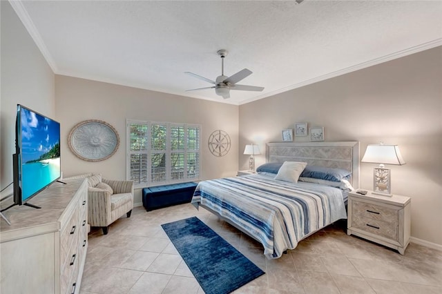 bedroom featuring ornamental molding, light tile patterned flooring, ceiling fan, and baseboards