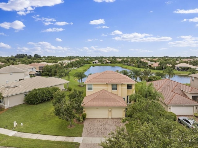 aerial view featuring a water view