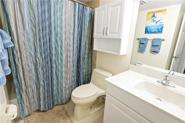 bathroom with walk in shower, vanity, toilet, and tile patterned flooring