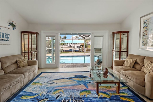 living room with light tile patterned flooring