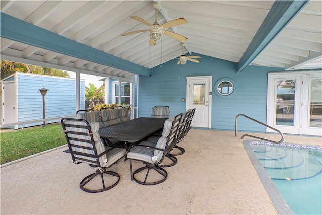 sunroom / solarium featuring vaulted ceiling with beams, a jacuzzi, and ceiling fan