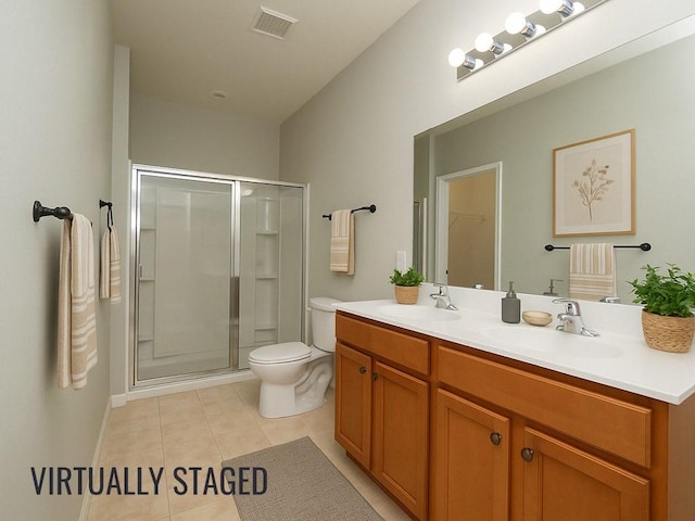351 Monaco Pl, Vero Beach, FL 32960 - bathroom featuring a shower stall, tile patterned floors, and double vanity