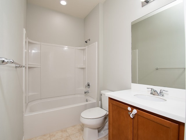 full bathroom featuring toilet, vanity, tile patterned flooring, and  shower combination