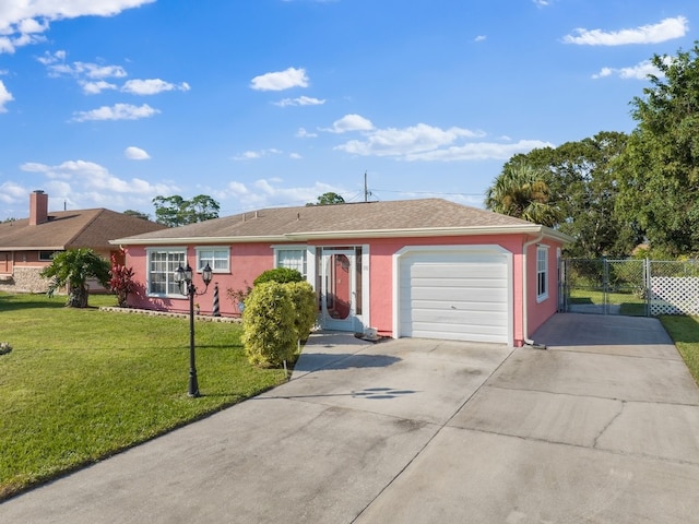 ranch-style home with a garage and a front yard