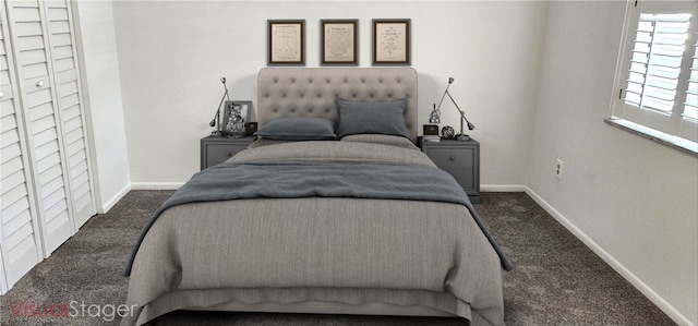 bedroom featuring dark colored carpet and baseboards