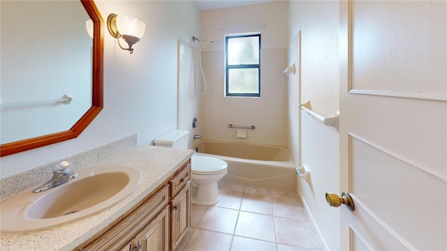 full bathroom with vanity, tile patterned floors, toilet, and tiled shower / bath