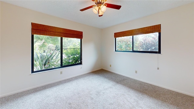 empty room with a wealth of natural light, a textured ceiling, carpet, and ceiling fan