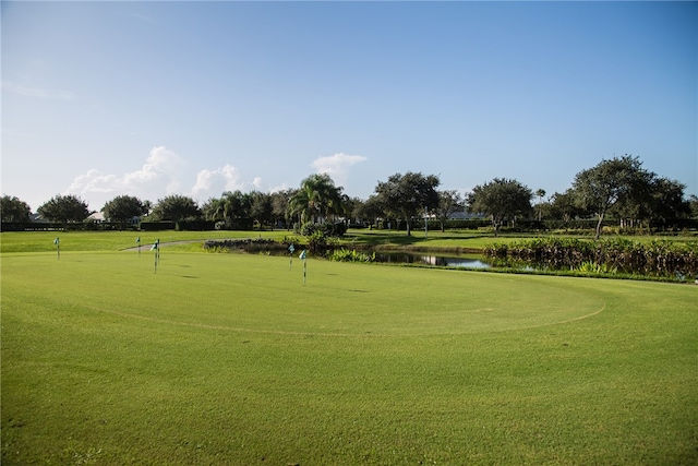 view of community with a yard and a water view