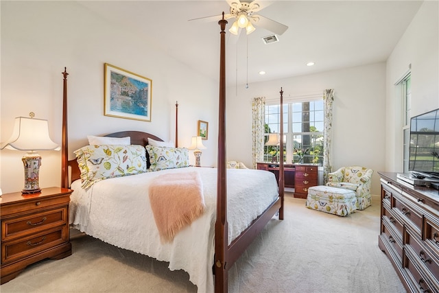 bedroom with ceiling fan and carpet floors