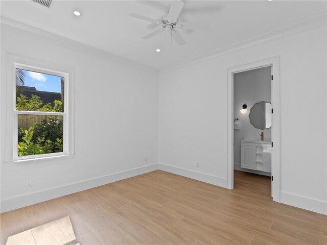 empty room featuring baseboards, recessed lighting, a ceiling fan, and light wood finished floors